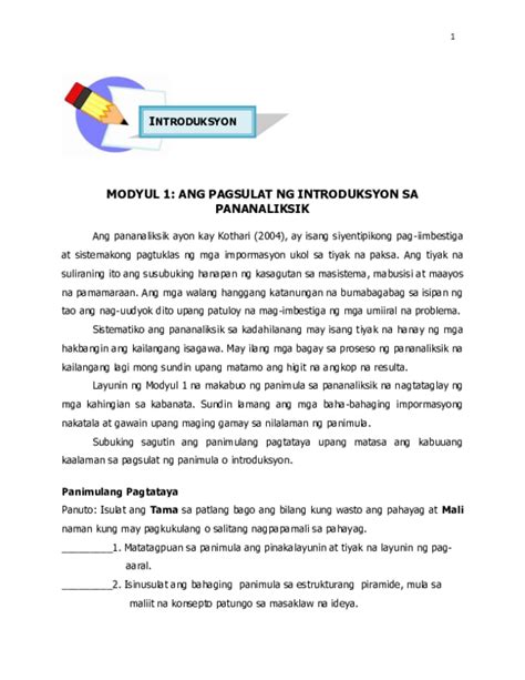 ano ang saklaw sa pananaliksik|MODYUL 1: ANG PAGSULAT NG INTRODUKSYON .